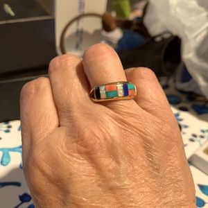 Southwest gold ring with stones opal, turquoise, onyx, graphite,